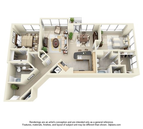Floor plan for 2 beds, 2 baths, 1238 sqft